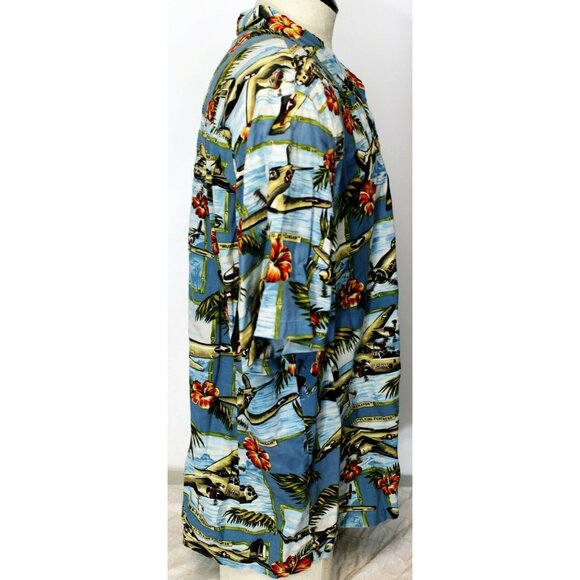 Kalaheo Blue Hawaiian Shirt Planes Bomber Jets Flowers Men's 2XL WW2 WWII - Picture 10 of 11